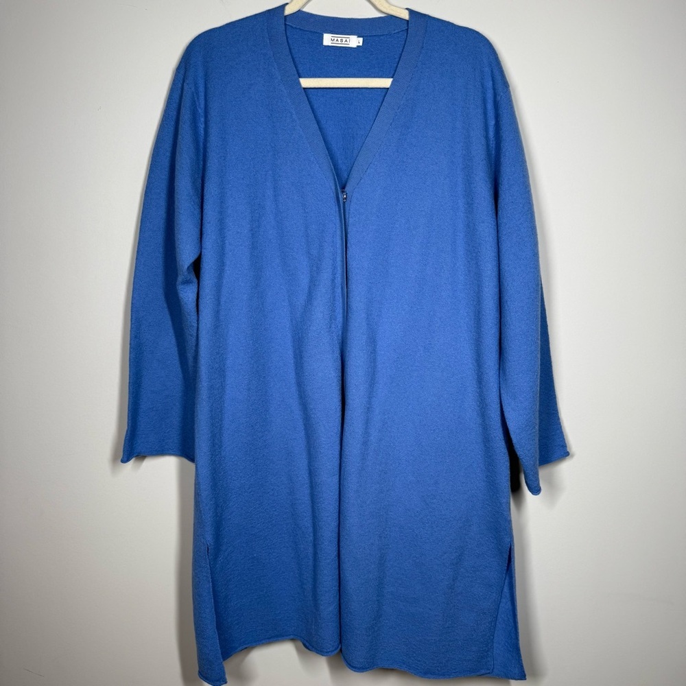 Masai Merino Wool Long Cardigan Coatigan Blue Open Front Size L